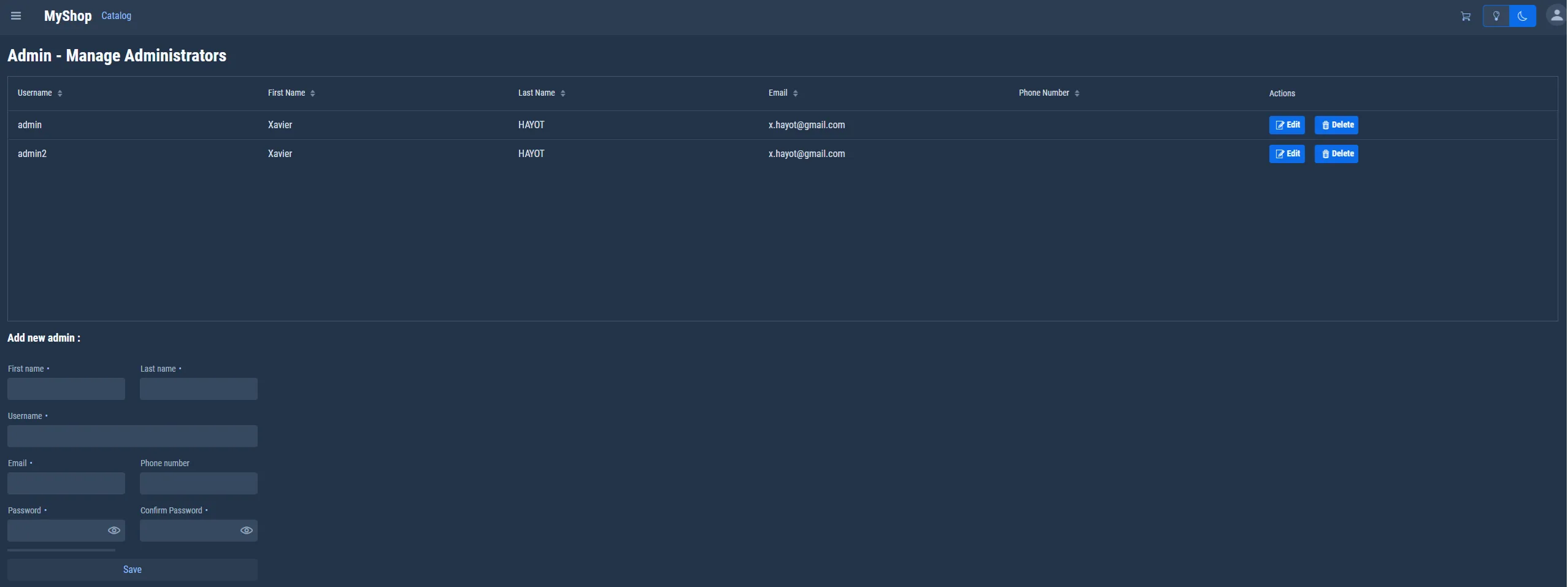 Gestion des admins